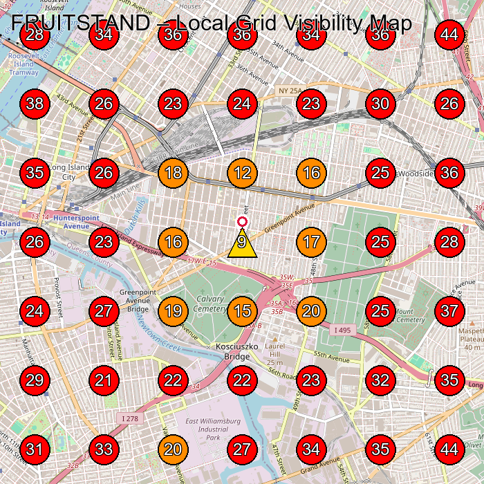 FRUITSTAND GeoGrid visibility map for Clothing Store in Queens